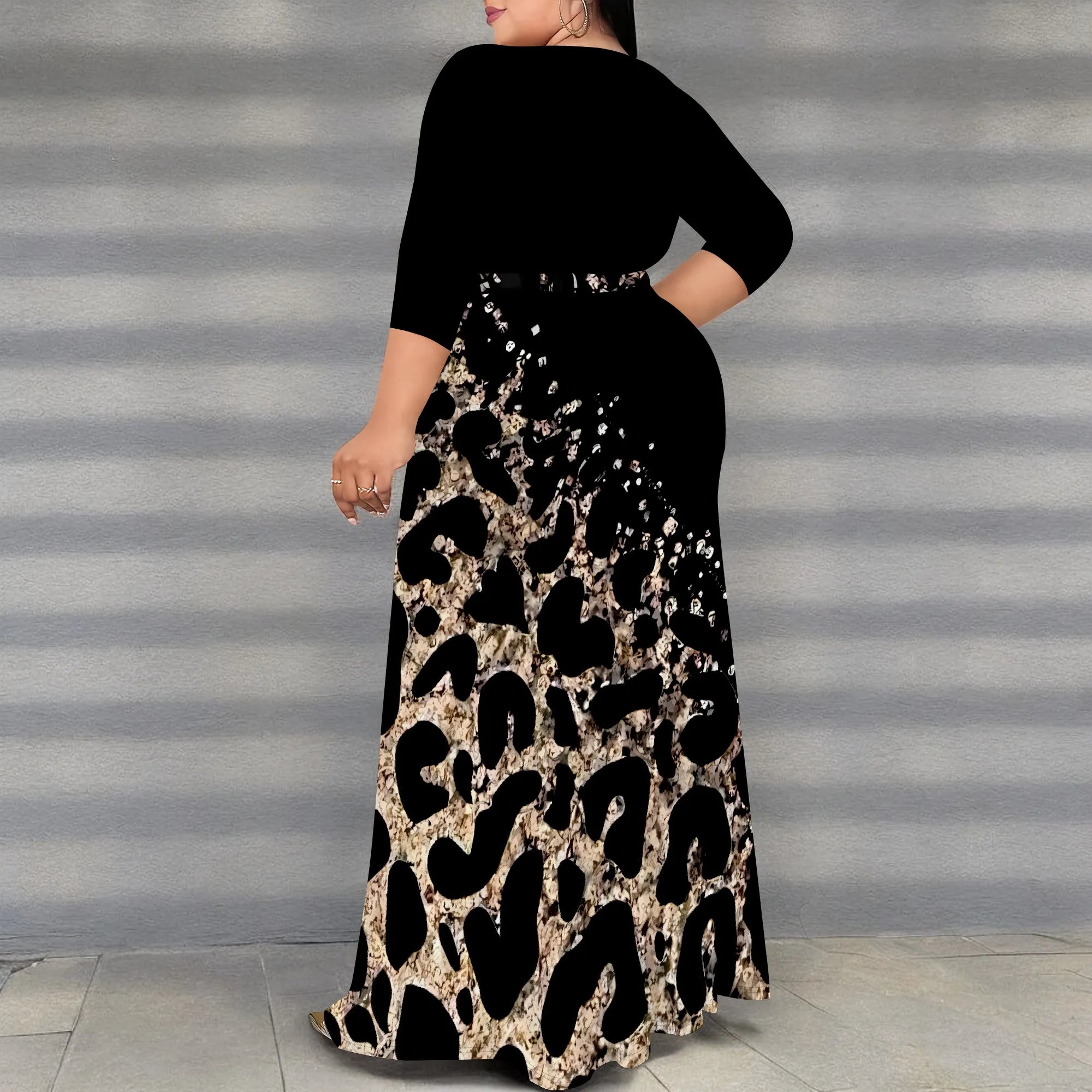 Plus Size V-Neck Wrap Maxi Dress with Gold Leopard Print Split Hem Elegant Party Dress for Women