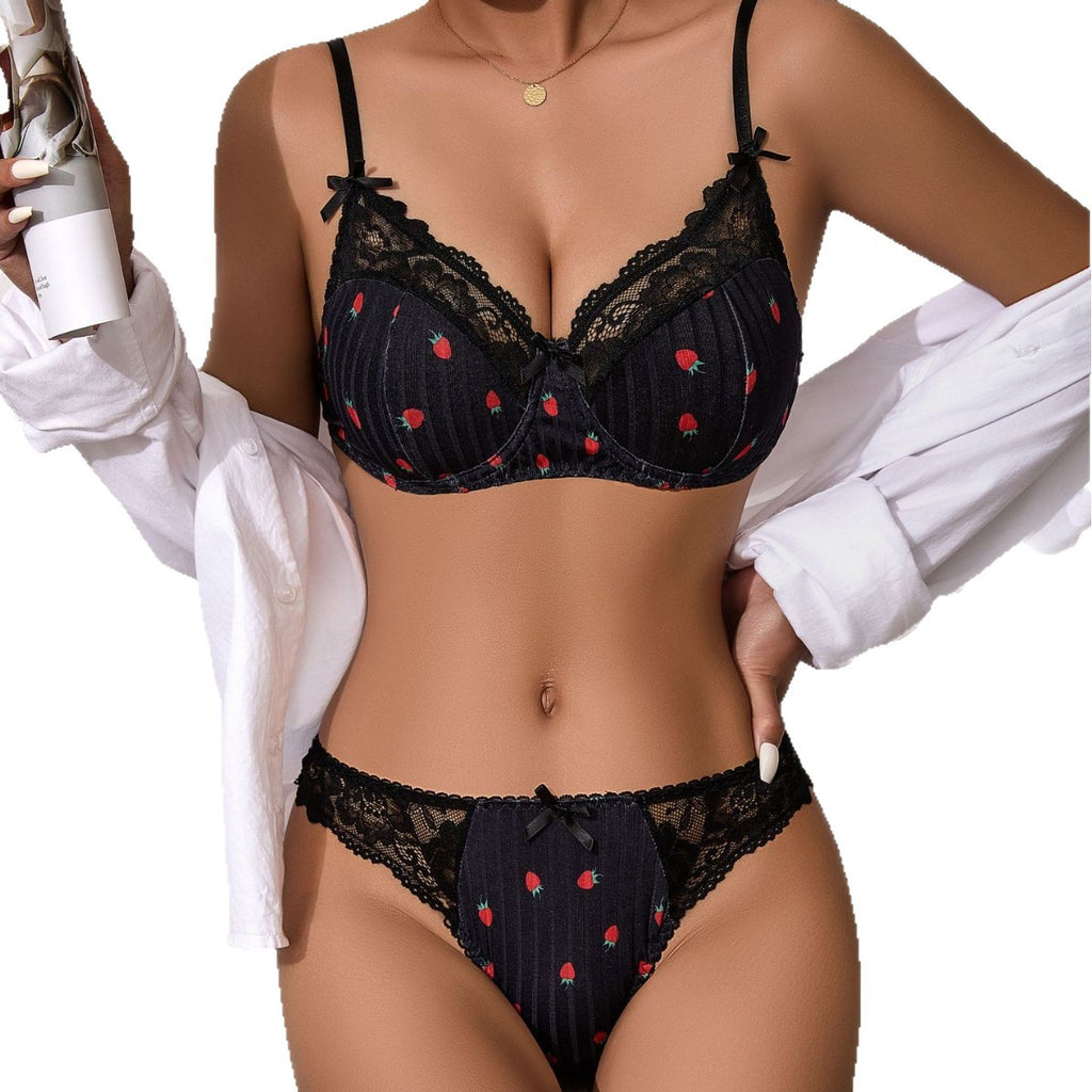 Lace Trim Tempting Lingerie Women's Thin Floral Print Gathered Anti-Sagging Sexy Bra Set