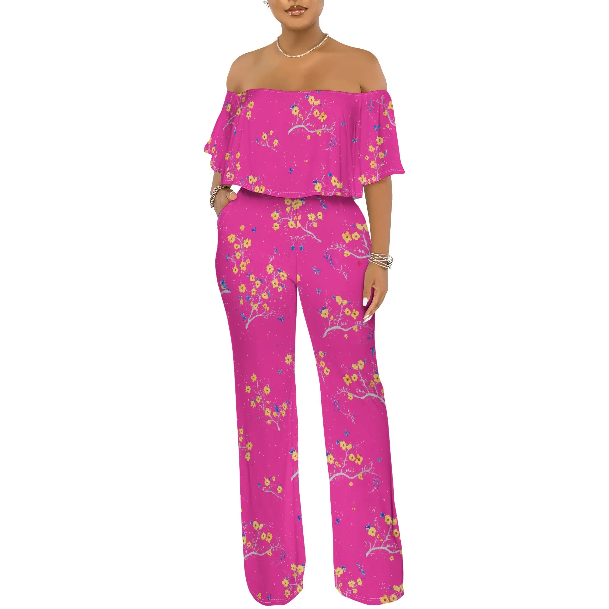 Off Shoulder Tube Top Ruffle Floral Print Jumpsuits for Women Wide Leg Pants Club Party Outfits Jumpsuit with Pockets