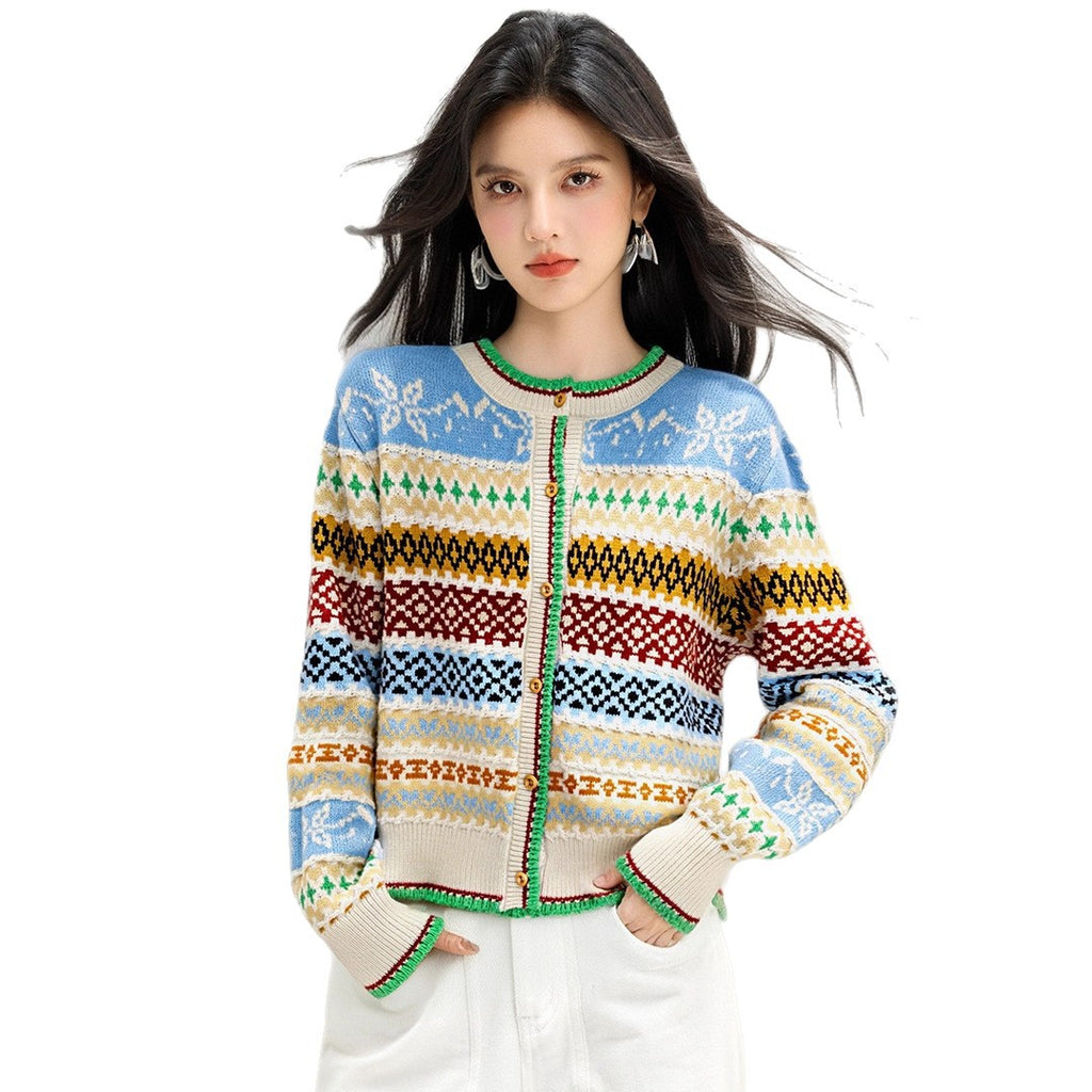 style Retro Jacquard Crewneck Knit Cardigan for Women, Loose Lazy Style Soft Sweater Coat Top