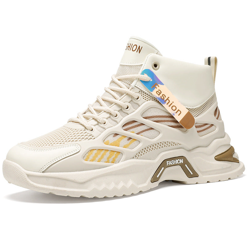 Autumn men's new breathable high top shoes, men's trendy and versatile thick soled mesh sports shoes, casual dad shoes for men
