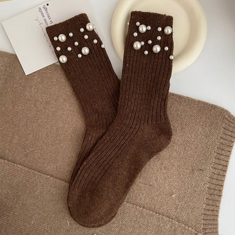 Personalized Korean style fashionable rivet bead pile socks autumn and winter thick warm rabbit wool mid tube socks for children
