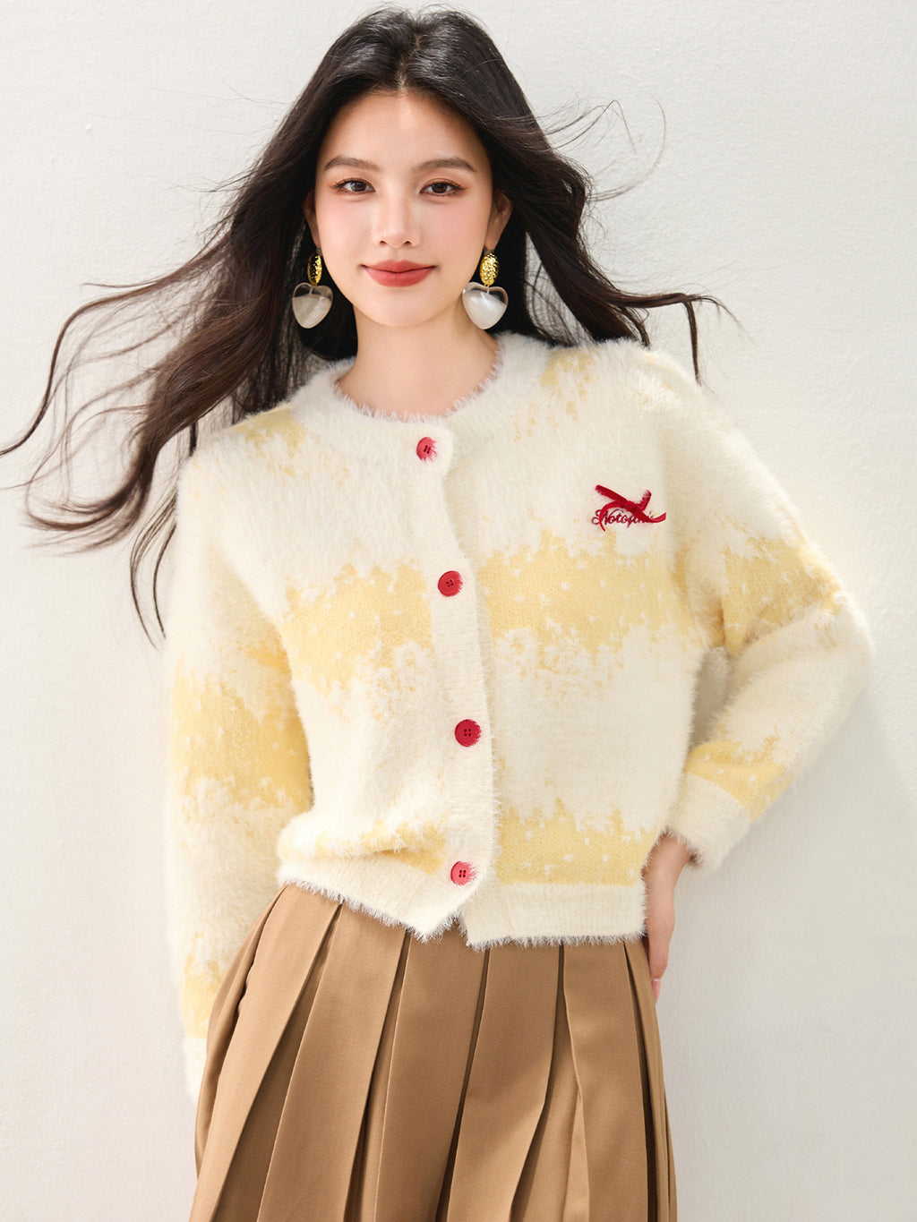 Cute Butter Yellow Long Hair Gradient Stripe Lazy Style Cardigan Sweater, Loose Fit, Bow Detail, Casual Fashion