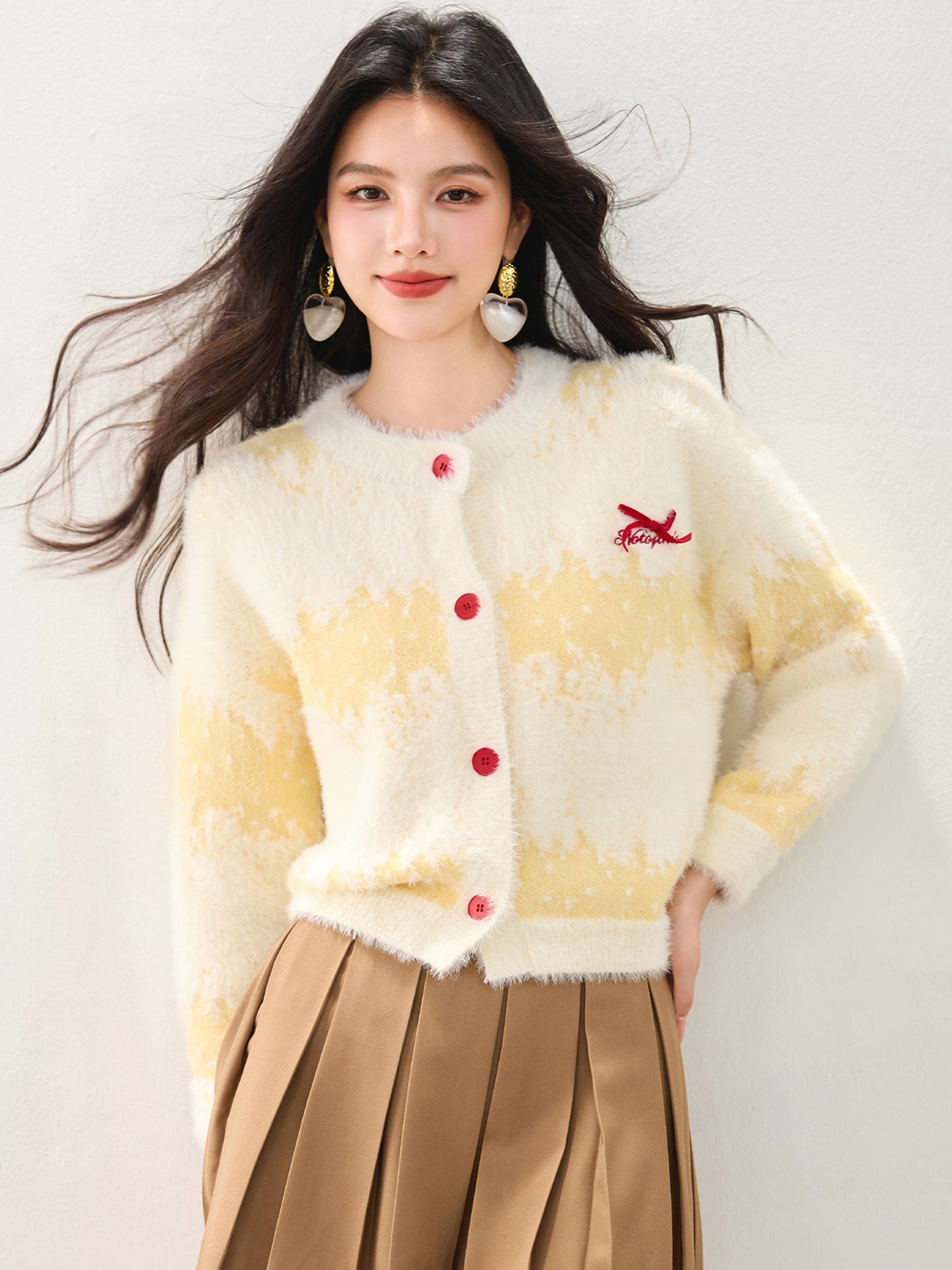 Cute Butter Yellow Long Hair Gradient Stripe Lazy Style Cardigan Sweater, Loose Fit, Bow Detail, Casual Fashion