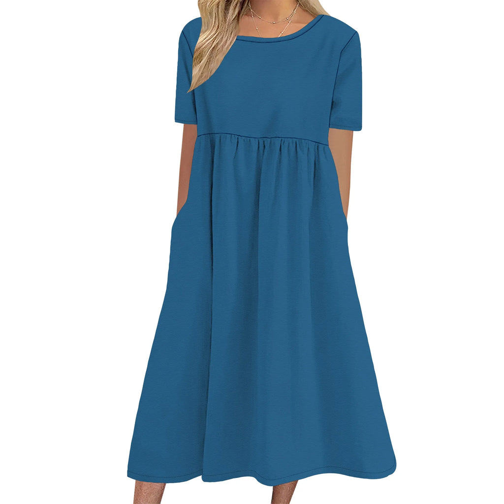 Robe longue en lin à manches courtes pour femme, coupe ample et décontractée, grande taille, avec poches, idéale pour la plage. 