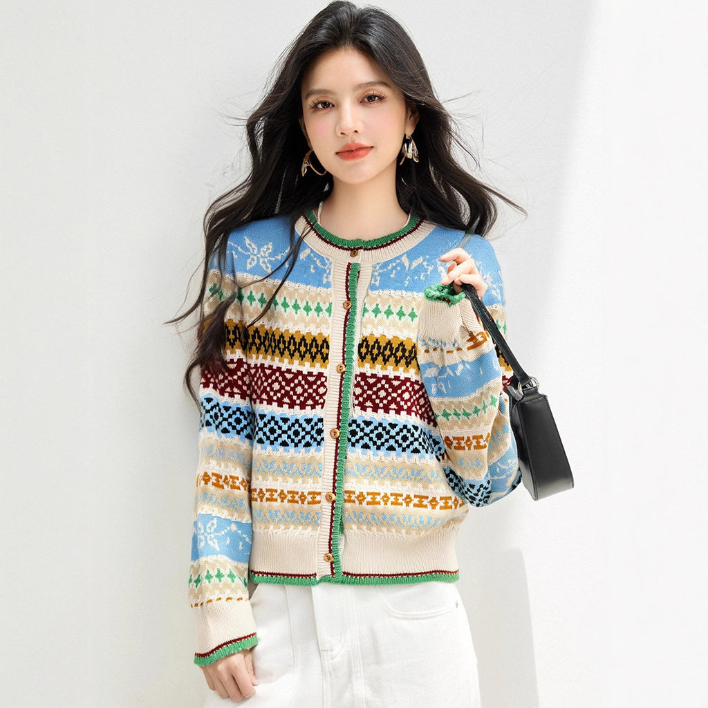 style Retro Jacquard Crewneck Knit Cardigan for Women, Loose Lazy Style Soft Sweater Coat Top