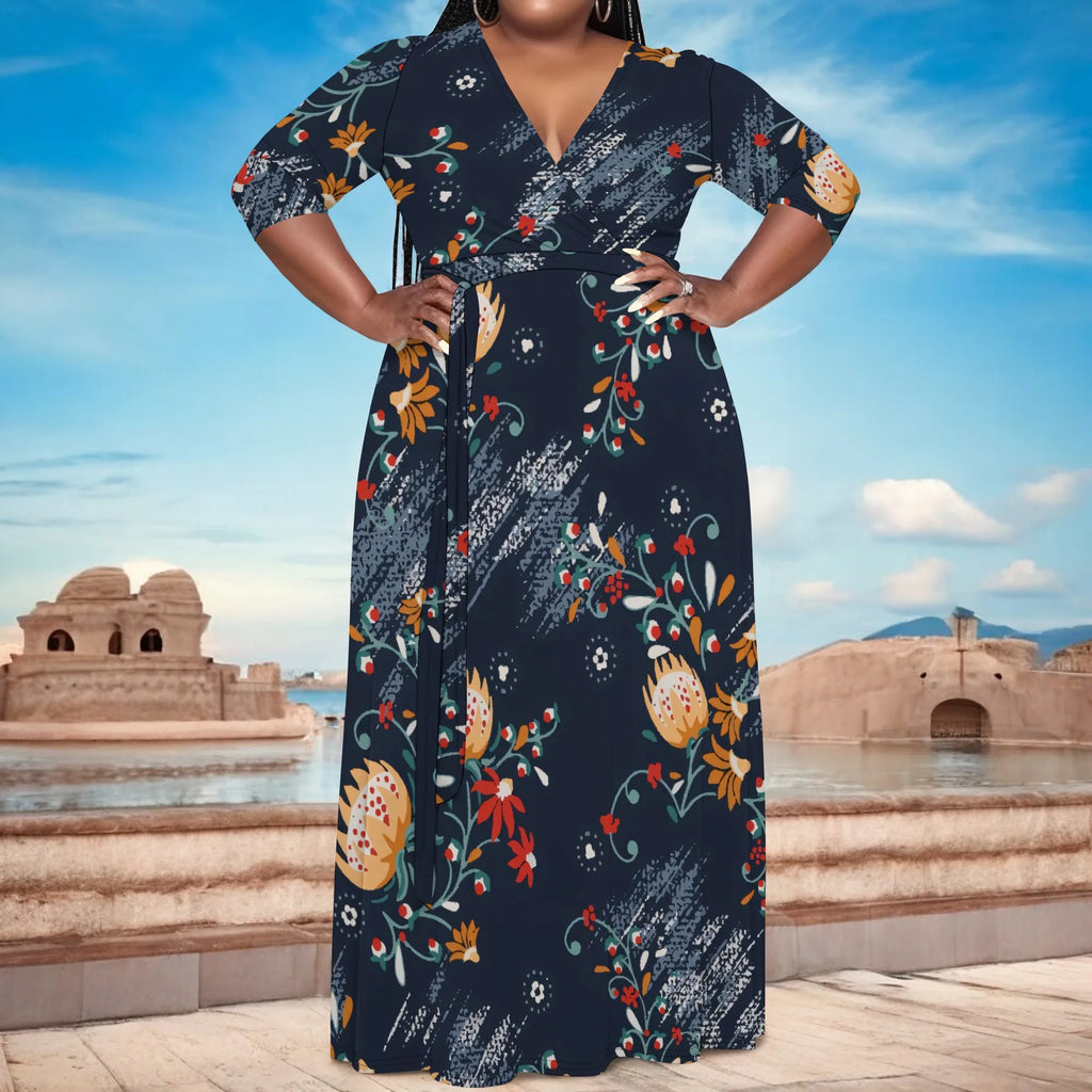 Plus Size Women's V-Neck Half Sleeve Abstract Floral Maxi Dress Elegant Summer Vacation Dress