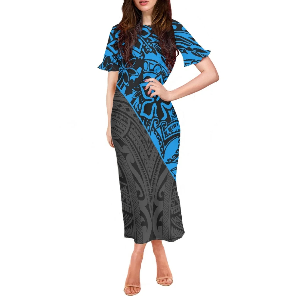Summer Flowers Polynesian Tiare Monoi Tattoo Dress Hawaiian Style Women's Ruffle Short Sleeve Dress Casual Clothing