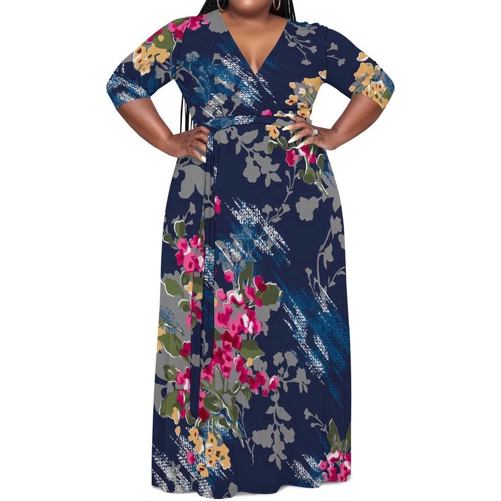 Plus Size Women's V-Neck Half Sleeve Abstract Floral Maxi Dress Elegant Summer Vacation Dress
