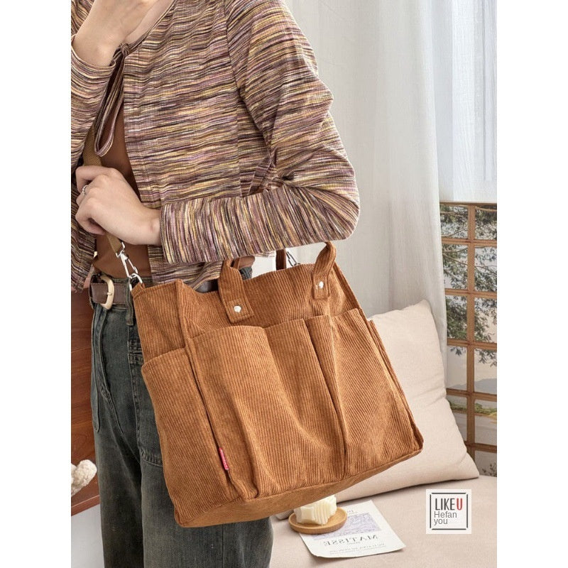 Autumn Winter Multi-Pocket Thick Corduroy Simple Commuter Tote Student Leisure Literary Handbag Shoulder Bag