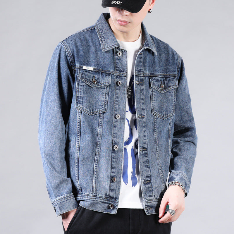 New men's Korean version solid color casual denim jacket for couples, lapel, plus size, same jacket