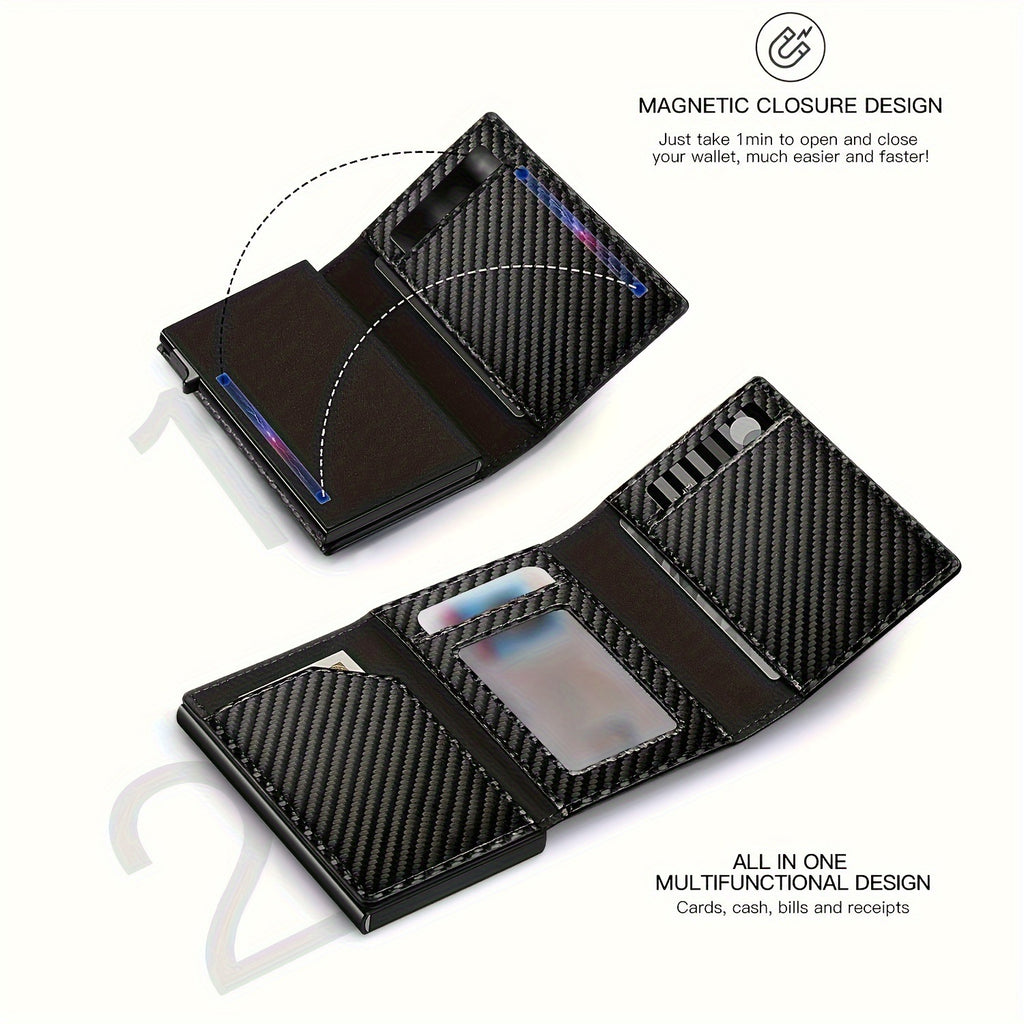 Men's Carbon Fiber Magnetic Card Clip PU Leather RFID Bank Card Bag Large Capacity Card Clip
