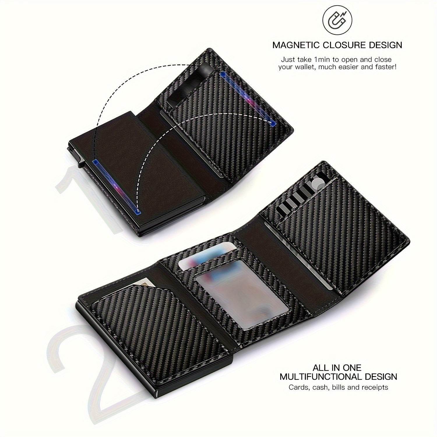 Men's Carbon Fiber Magnetic Card Clip PU Leather RFID Bank Card Bag Large Capacity Card Clip