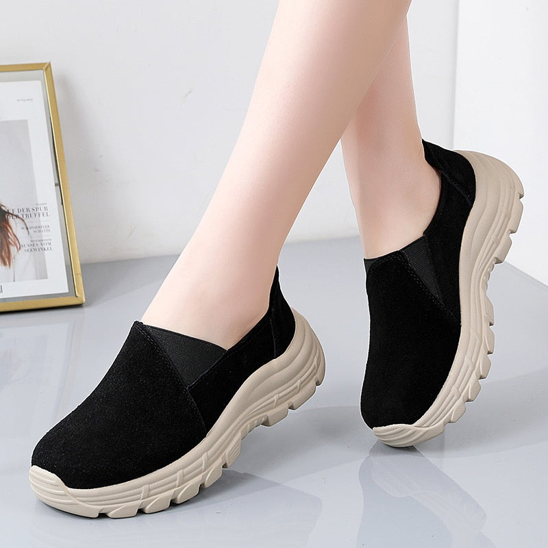 Breathable Leather Wedge Shoes for Women, Casual Chunky Sole Sneakers