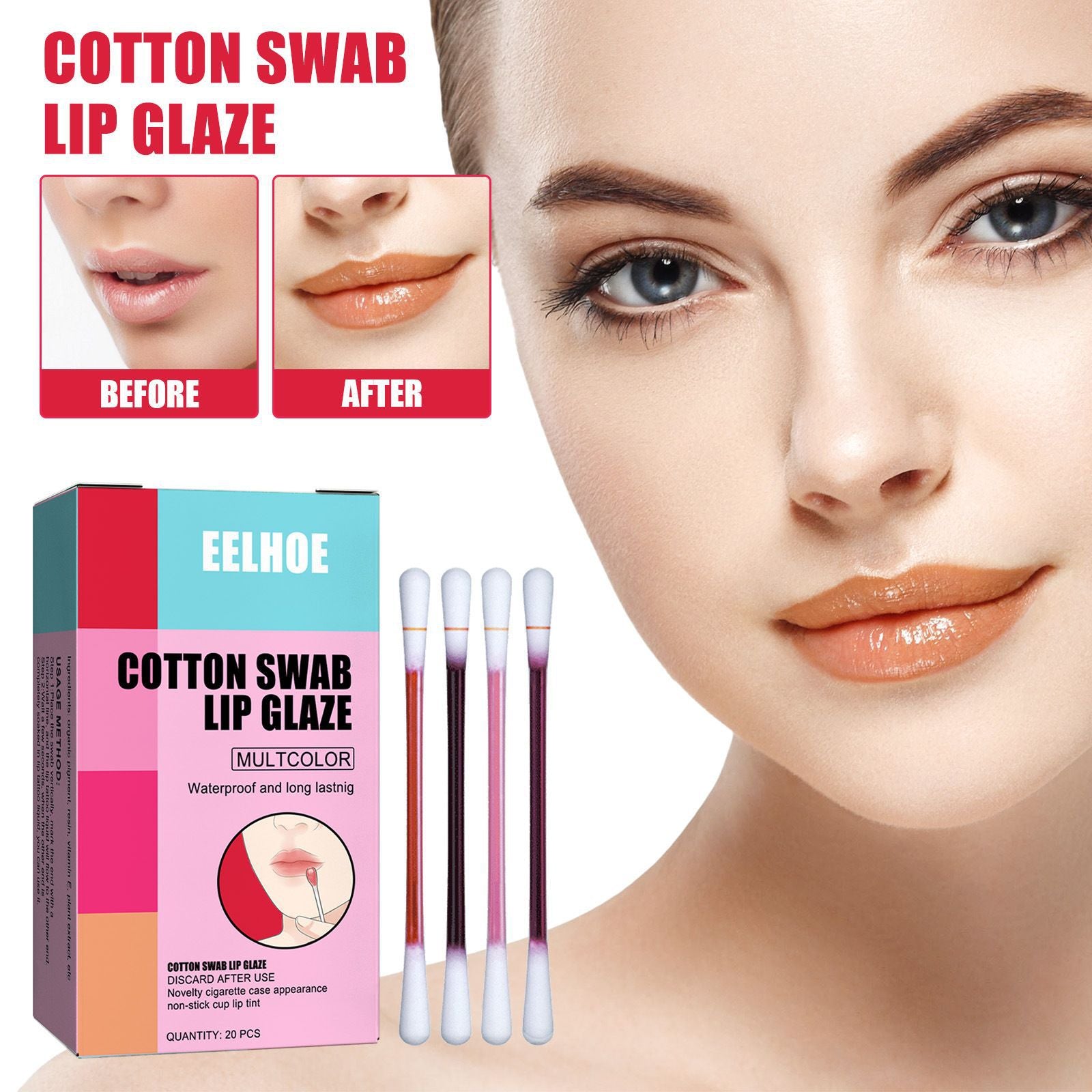 EELHOE Cotton Swab Lipstick, Portable Cigarette Case Lipstick Dye Lip Liquid Lip Gloss Lip Glaze Non-Stick Cup Moisture Lasting