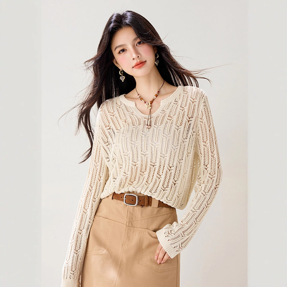 French-style Solid Color Knit Sweater, Loose Fit, Long Sleeve, Breathable, Hollow-out Design, Fashionable Casual Layering Top, Comfortable