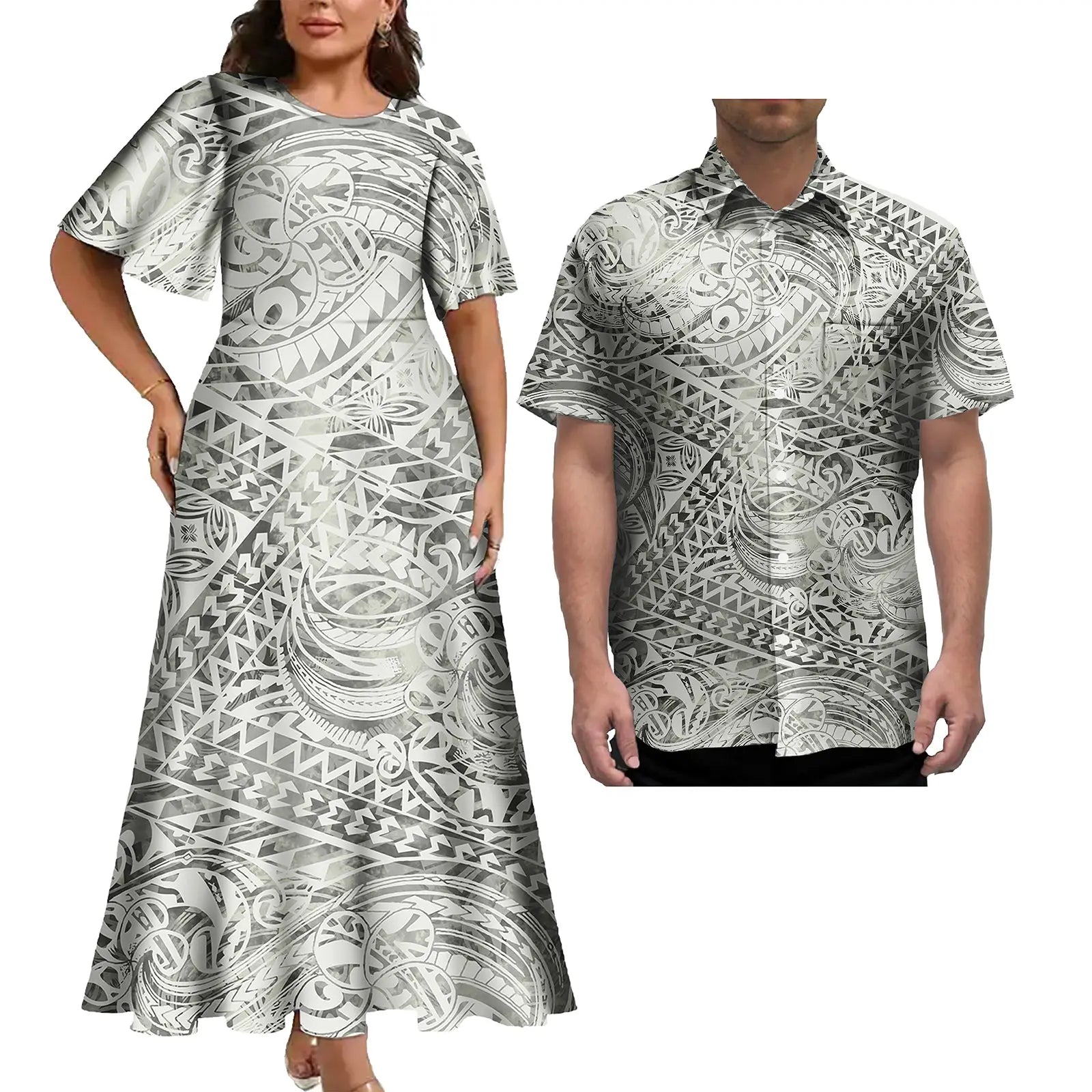 Latest Plus Size Couple Clothing Polynesian Tropical Print Women's Casual Dress Island Style With Matching Men's Hawaiian Shirt