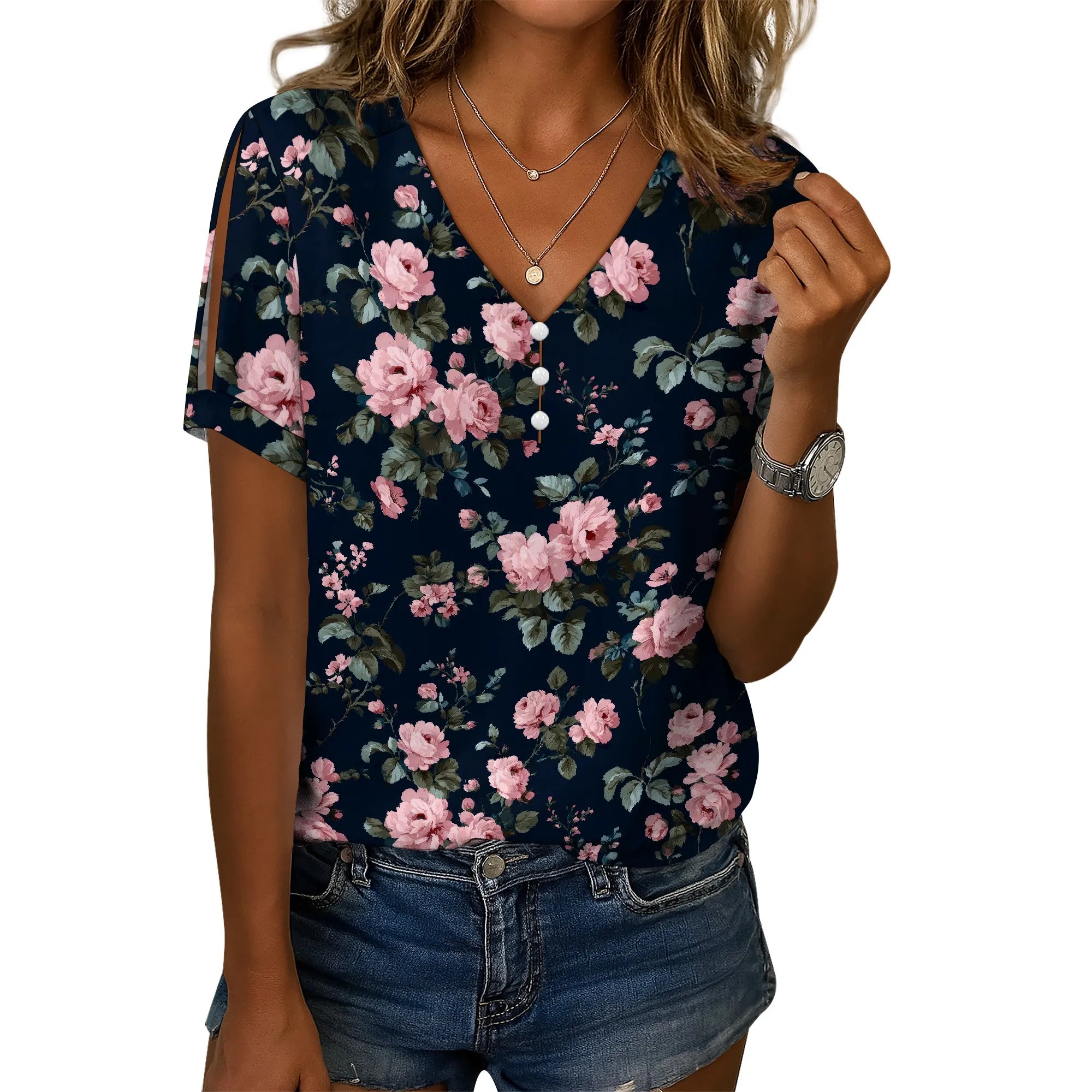 Cold Shoulder Casual Tops for Women Button Boho Floral Printed V-Neck Vintage Short Sleeve Summer T Shirts
