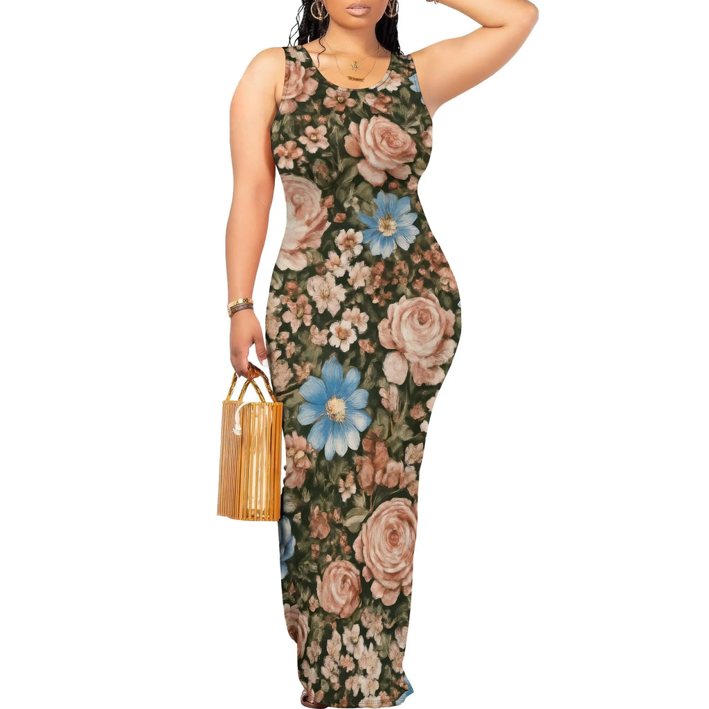 Vestido maxi sexy ajustado para mujer, vestido largo acanalado con tirantes finos, elegante, informal, con cuello redondo y sin mangas, vestido de verano cruzado 