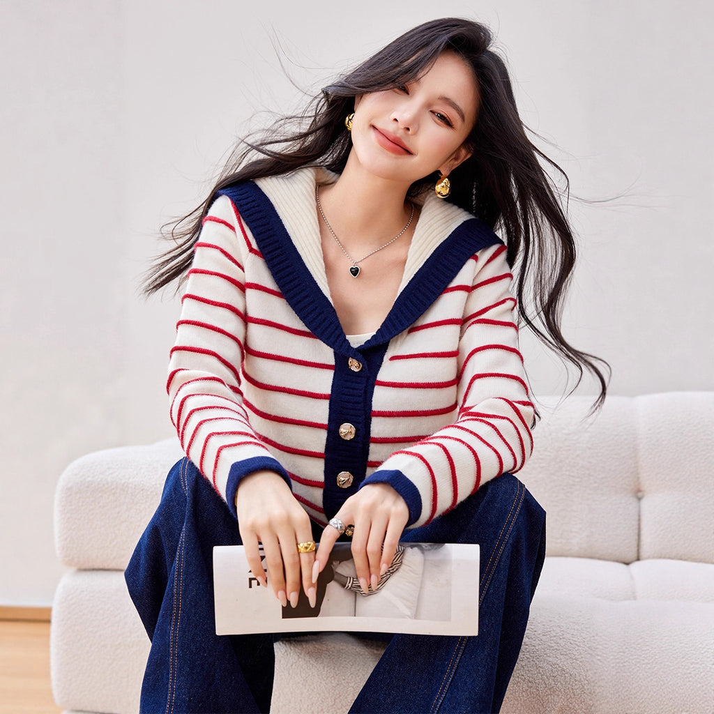 Navy Style Striped Knit Cardigan with Large Turn-Down Collar for Women, Long Sleeve Sweater Top