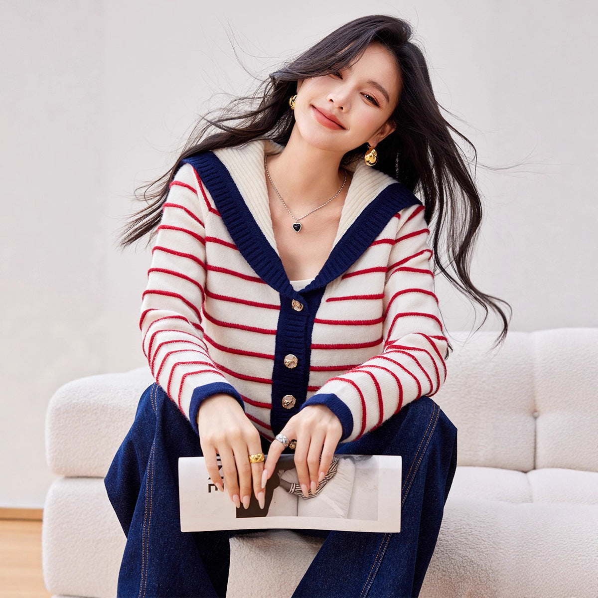 Navy Style Striped Knit Cardigan with Large Turn-Down Collar for Women, Long Sleeve Sweater Top
