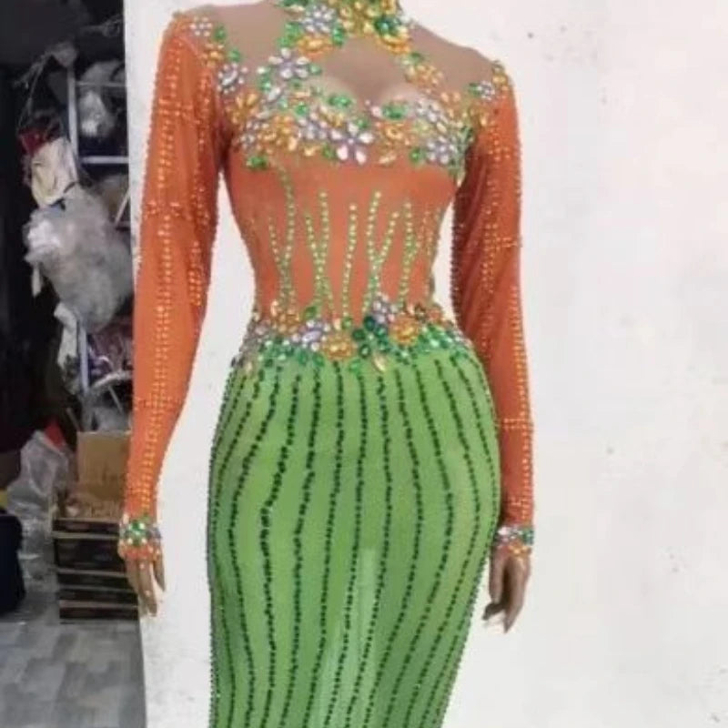 Diamond Birthday Clothing New Year's Shiny Diamond Yellow Feather Fancy Evening Dress Elegant Dinner Network Luxury Prom Dresses