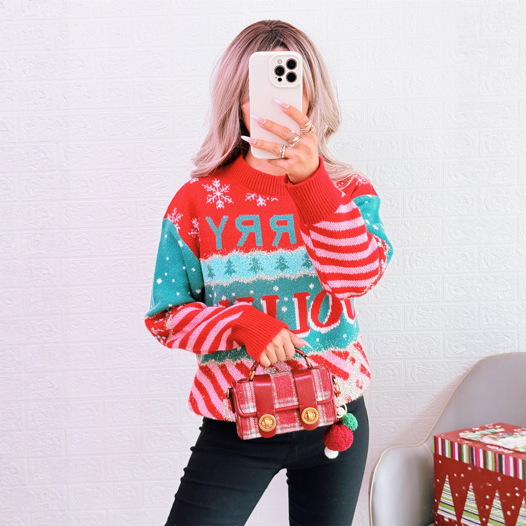 Color blocking knitted pullover sweater with round neck retro long sleeved casual sweater for women