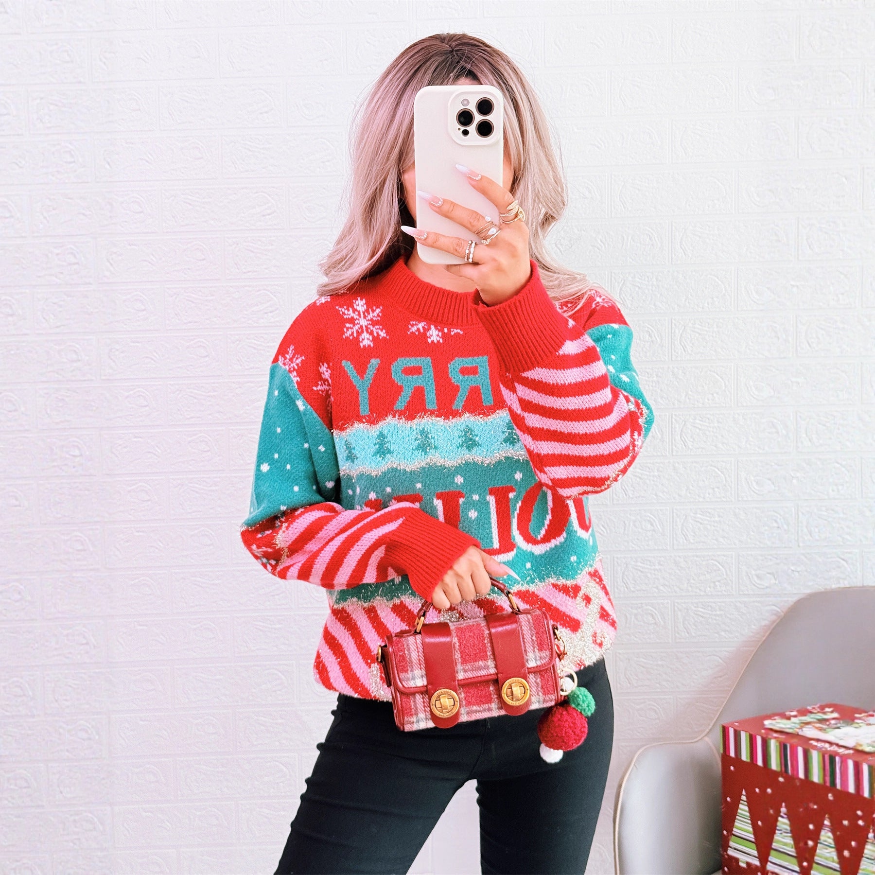 Color blocking knitted pullover sweater with round neck retro long sleeved casual sweater for women