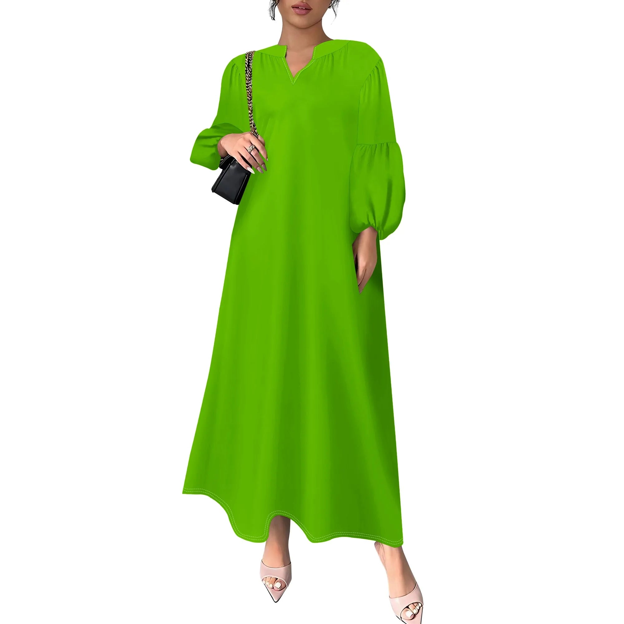 Women's Summer Boho Floral Long Sleeve V-Neck Midi Dress Casual Loose Colorful Beach Vacation Dress with Pockets