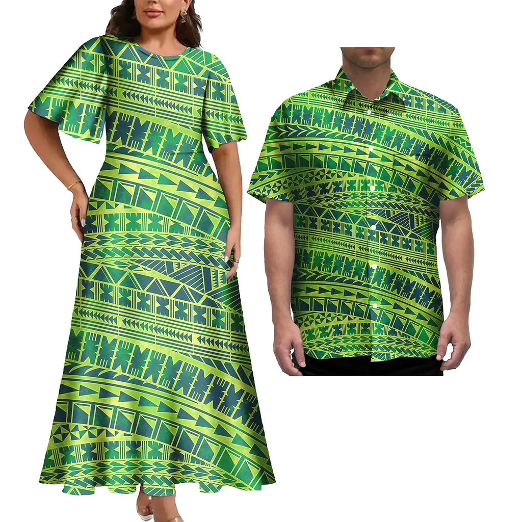 Vestido informal de talla grande para mujer con estampado tropical polinesio, estilo isleño, con camisa hawaiana a juego para hombre. 