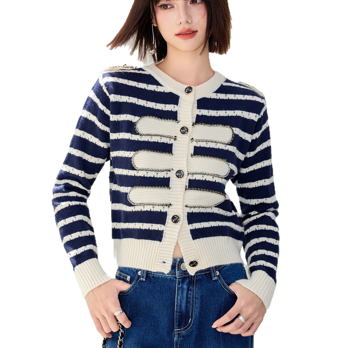 Chic Striped Rhinestone Long Sleeve Knit Cardigan Coat for Women, French Vintage Style, Elegant and Slim-Fitting Top