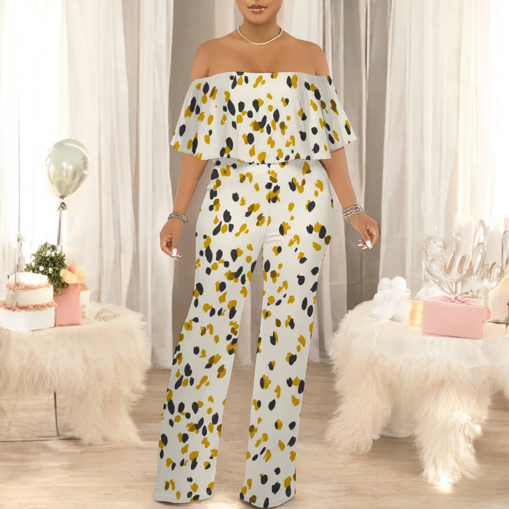Off Shoulder Tube Top Ruffle Floral Print Jumpsuits for Women Wide Leg Pants Club Party Outfits Jumpsuit with Pockets
