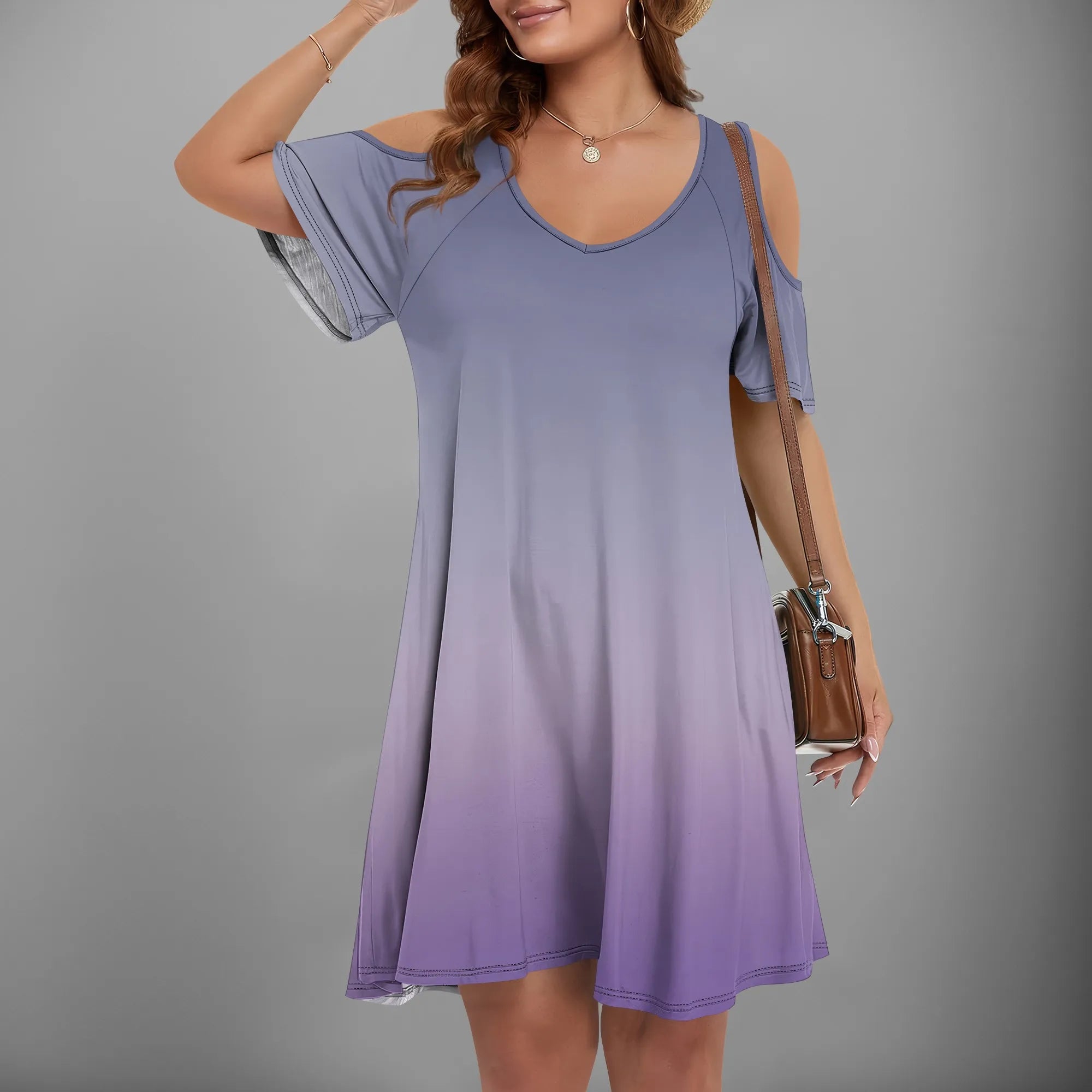 Vestido estilo camiseta de manga corta con hombros descubiertos, escote en V y bolsillos para mujer, talla grande 