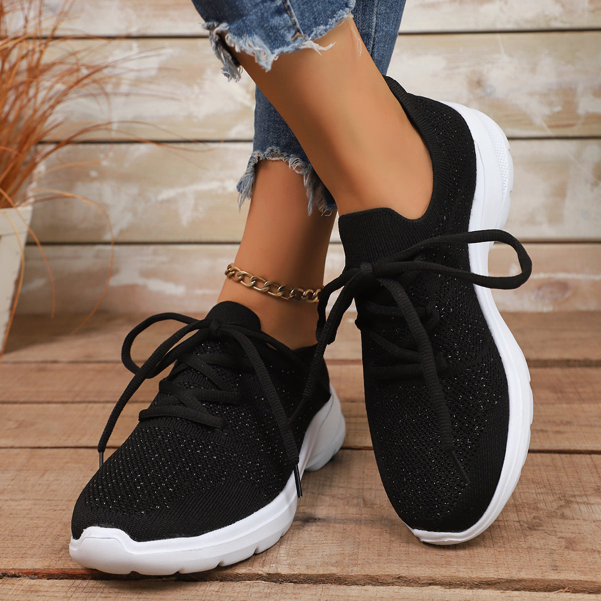 Plus Size Knit Sports Shoes Spring Autumn New Flat Elastic Laced Casual Shoes Soft Sole Single Shoes Women