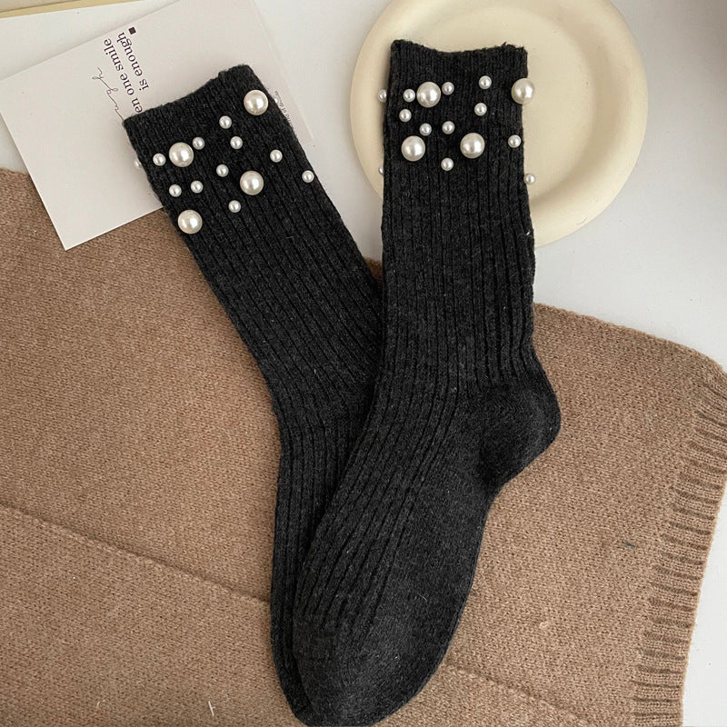 Personalized Korean style fashionable rivet bead pile socks autumn and winter thick warm rabbit wool mid tube socks for children