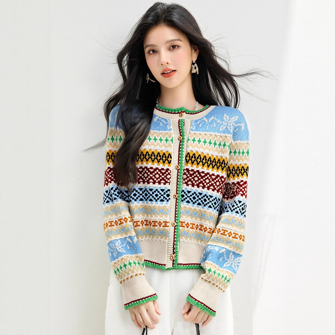 style Retro Jacquard Crewneck Knit Cardigan for Women, Loose Lazy Style Soft Sweater Coat Top