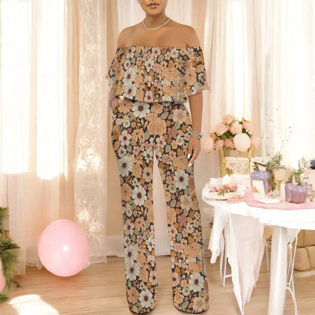 Off Shoulder Tube Top Ruffle Floral Print Jumpsuits for Women Wide Leg Pants Club Party Outfits Jumpsuit with Pockets