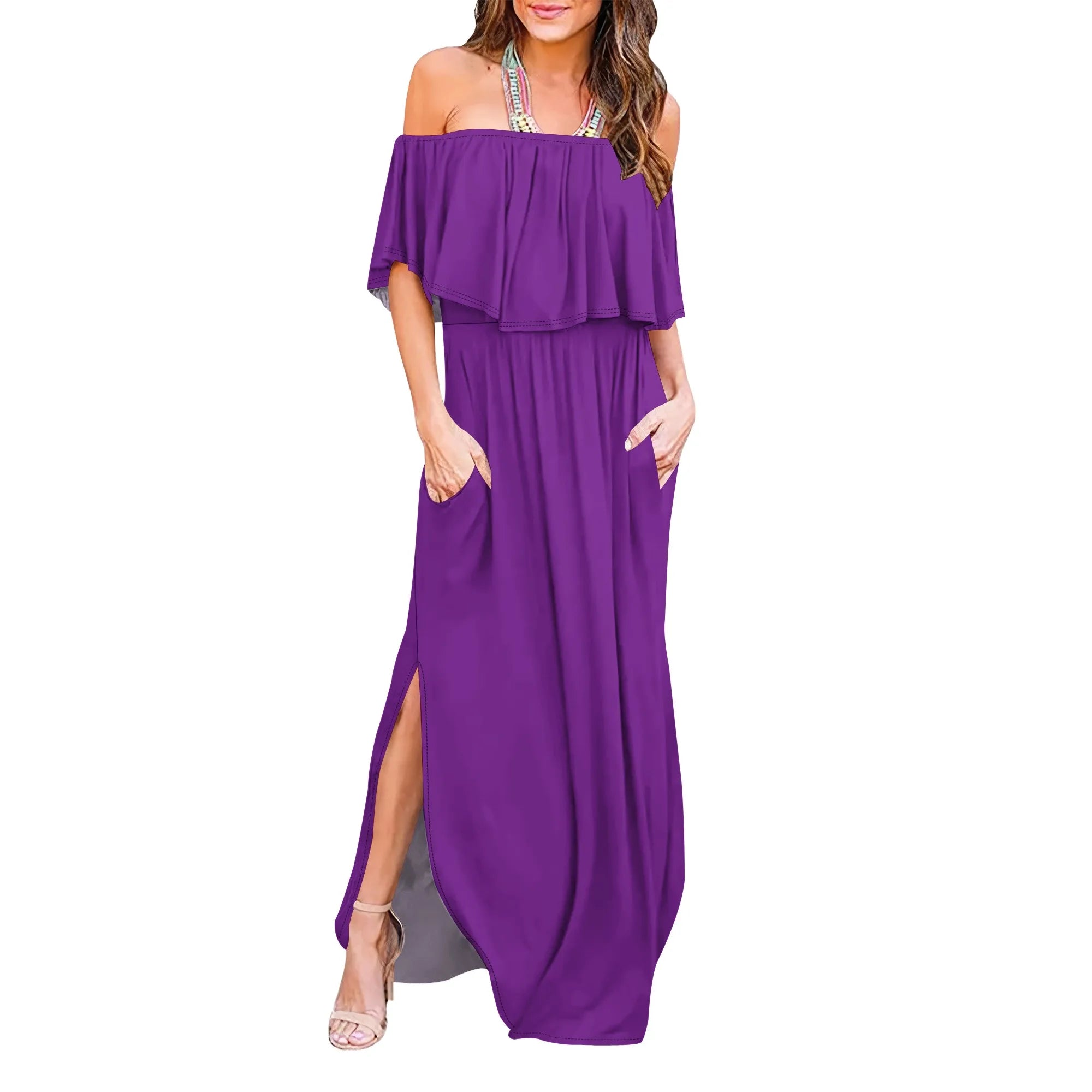 Womens Off The Shoulder Ruffle Party Dresses Side Split Beach Maxi Dress