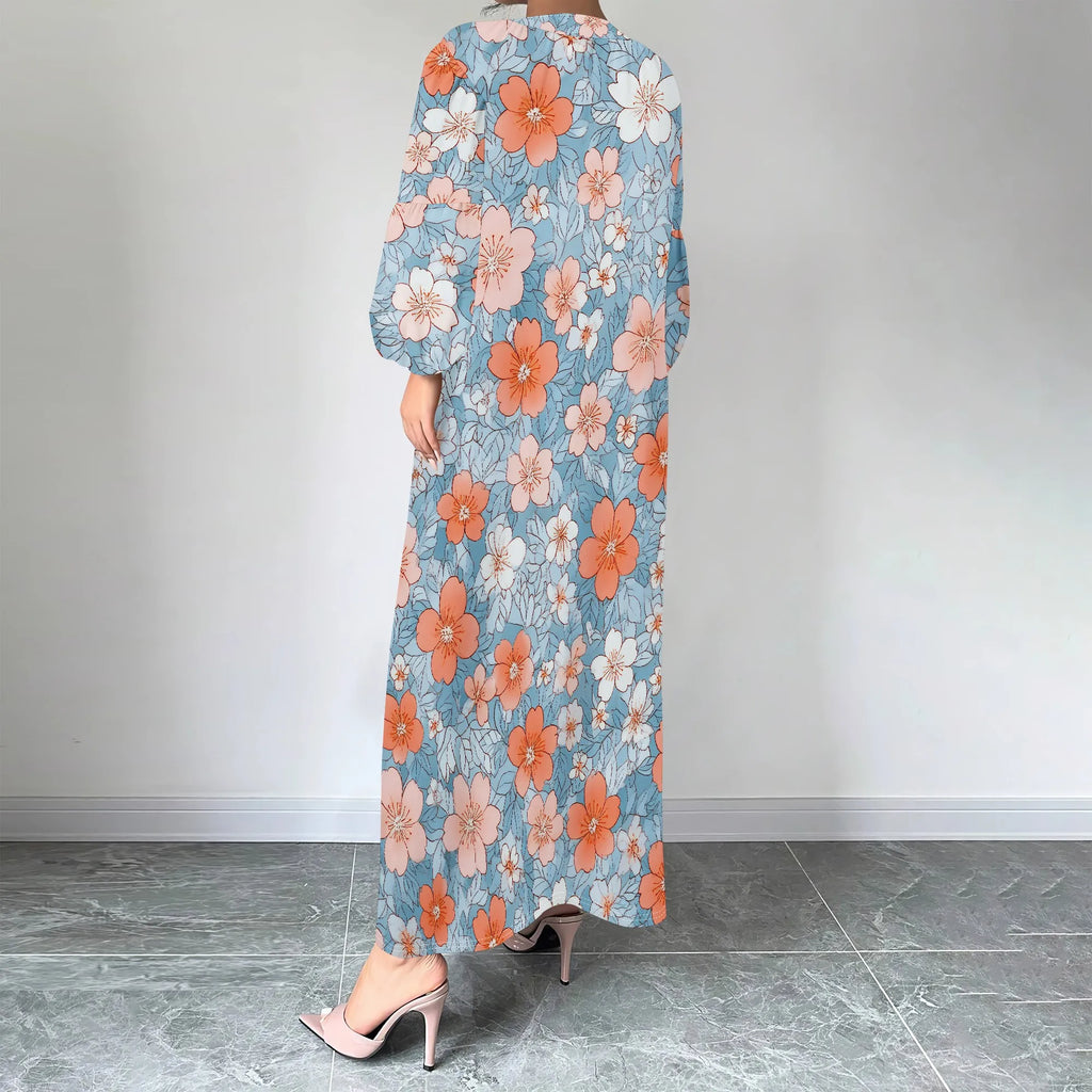 Women's Summer Boho Floral Long Sleeve V-Neck Midi Dress Casual Loose Colorful Beach Vacation Dress with Pockets