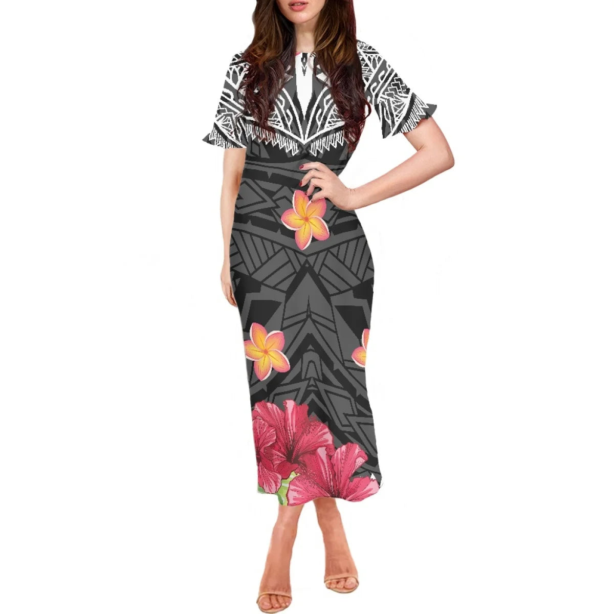 Summer Flowers Polynesian Tiare Monoi Tattoo Dress Hawaiian Style Women's Ruffle Short Sleeve Dress Casual Clothing