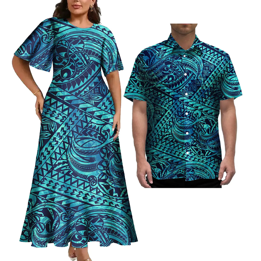 Vestido informal de talla grande para mujer con estampado tropical polinesio, estilo isleño, con camisa hawaiana a juego para hombre. 