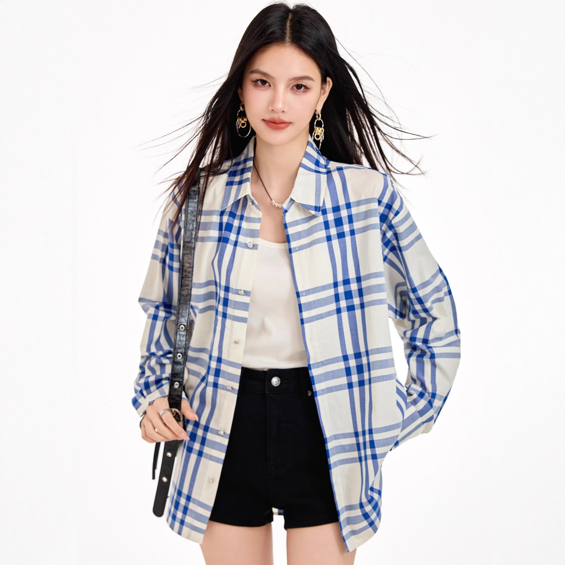 Chic Blue Checkered Shirt Jacket for Women Striped Long Sleeve BlouseRelaxed Fit, Brightening Top
