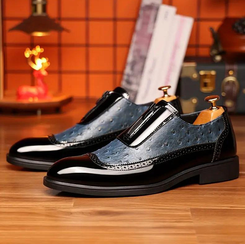 Chaussures Chelsea pour homme en cuir brillant à bout pointu et fermeture éclair en relief