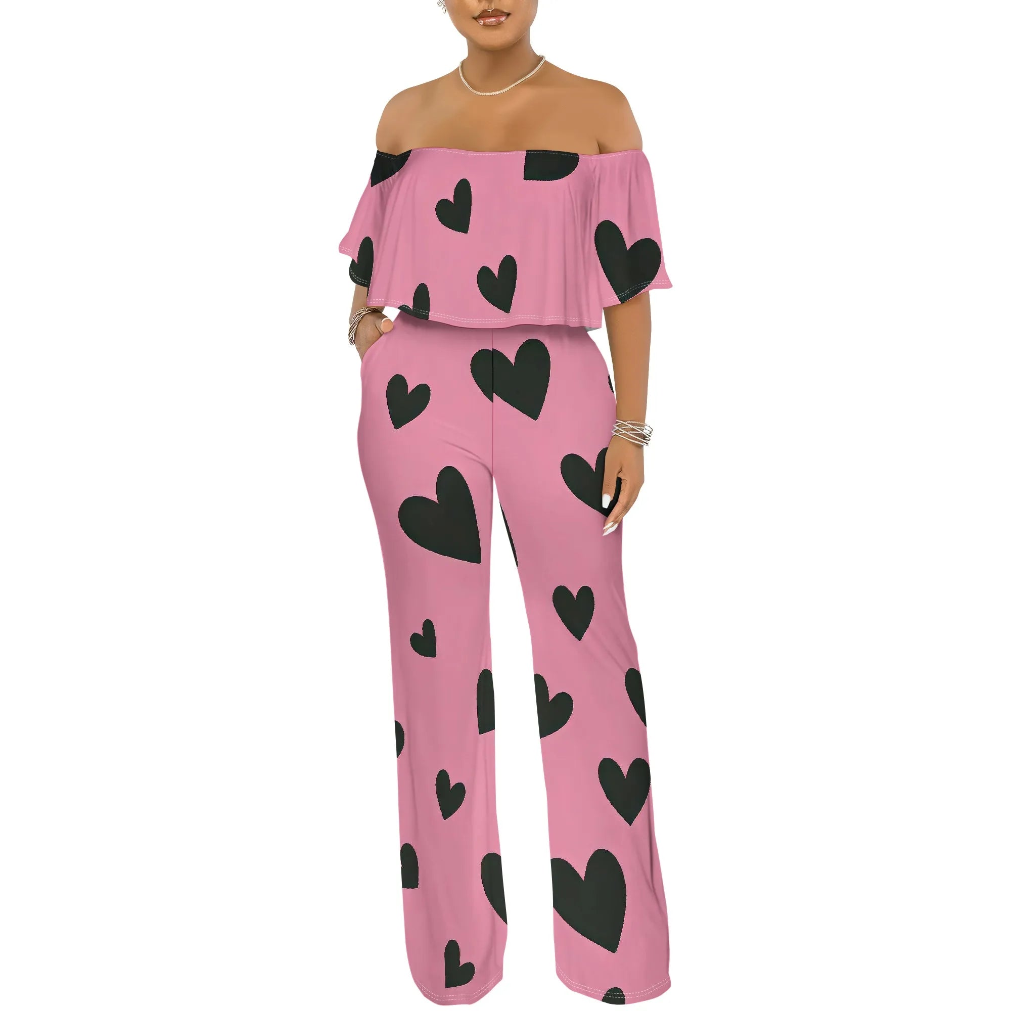 Off Shoulder Tube Top Ruffle Floral Print Jumpsuits for Women Wide Leg Pants Club Party Outfits Jumpsuit with Pockets