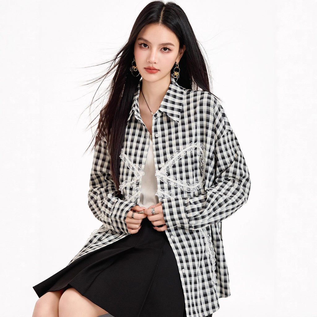 Sweet Lazy Korean-Style Design Black and White Checkered Bow Loose Shirt, Casual Lightweight Sun Protection Jacket for Women