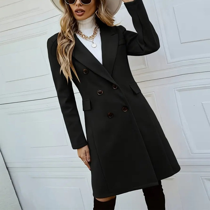 Women's Solid Color Double-Breasted Wool-Like Coat Notch Lapel Long