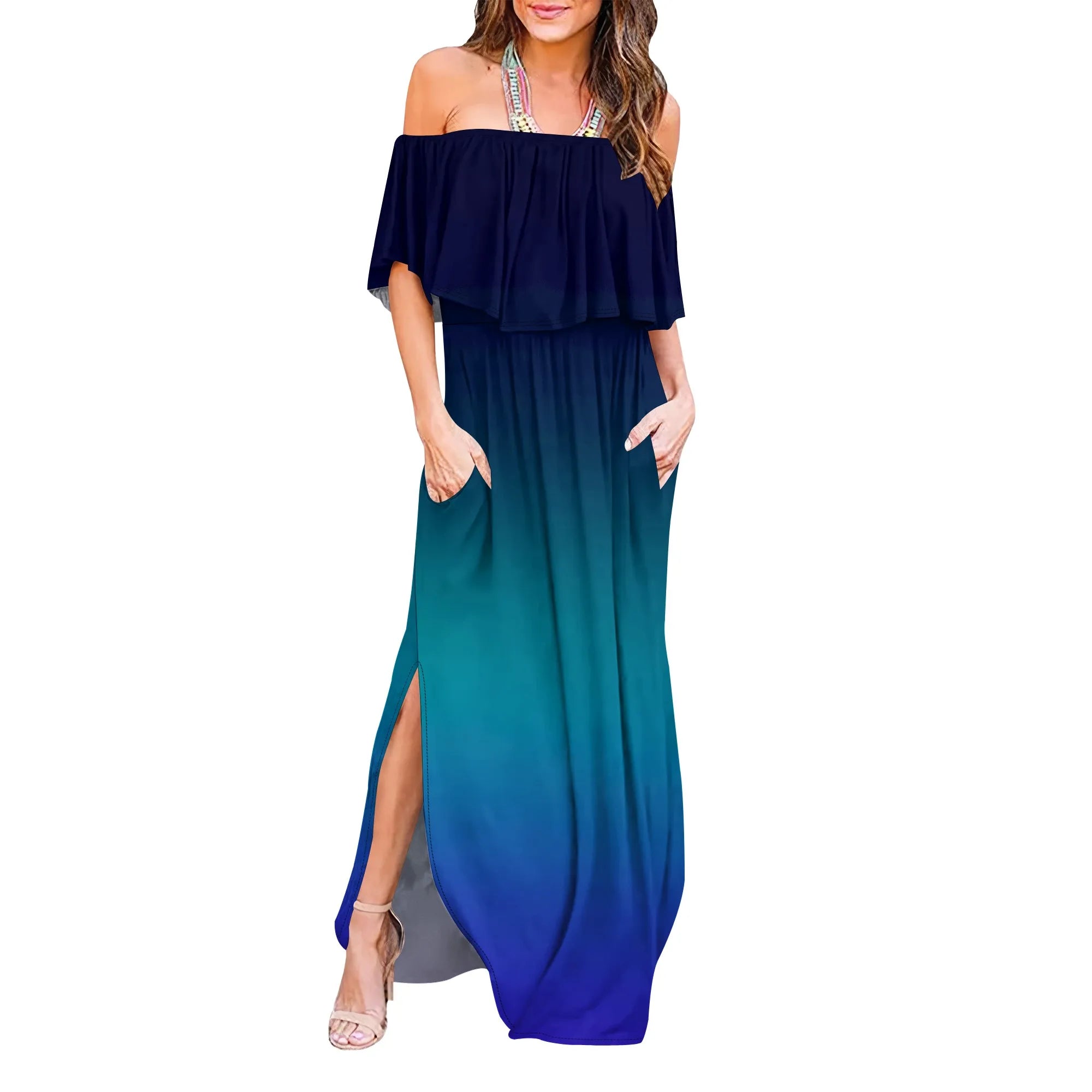 Womens Off The Shoulder Ruffle Party Dresses Side Split Beach Maxi Dress