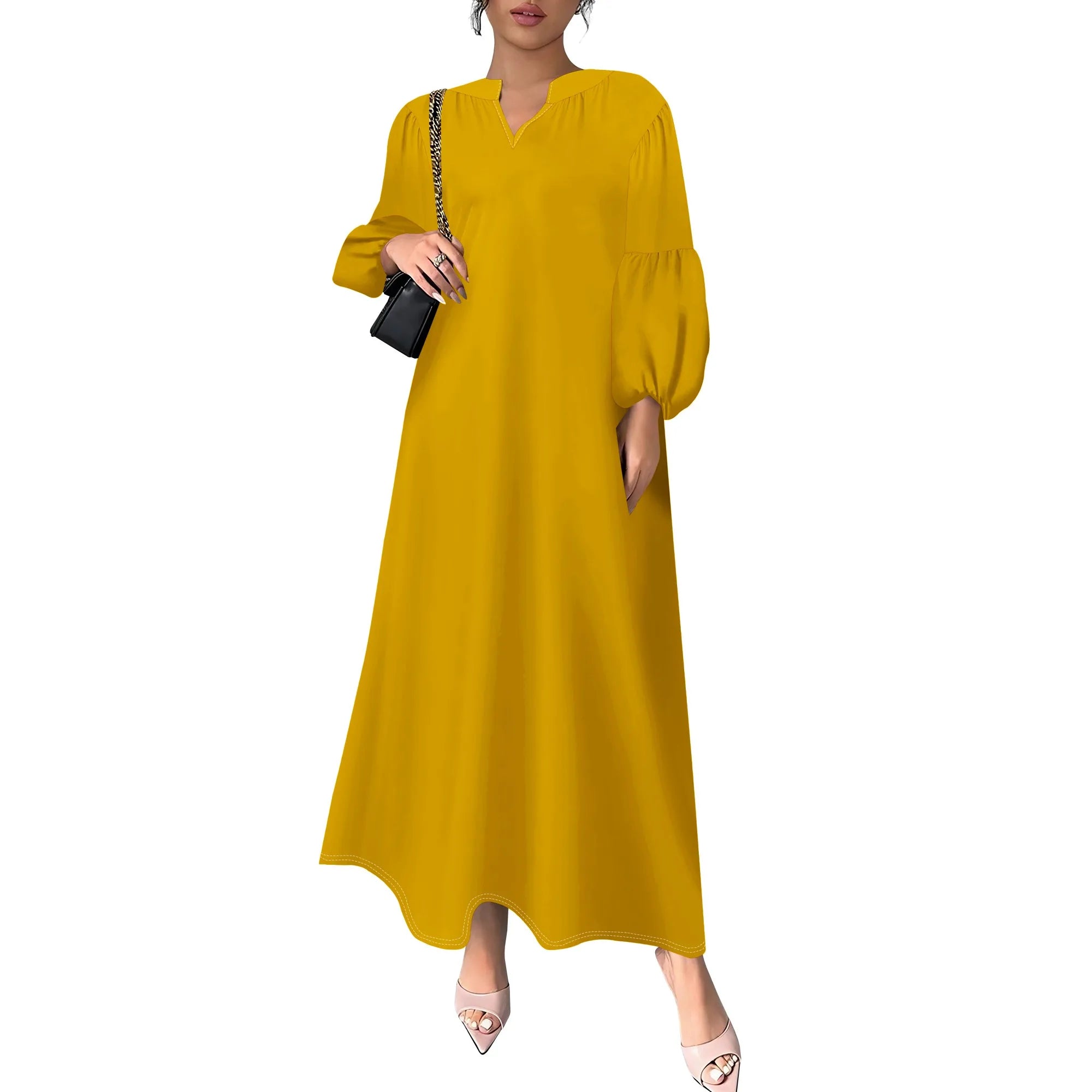 Women's Summer Boho Floral Long Sleeve V-Neck Midi Dress Casual Loose Colorful Beach Vacation Dress with Pockets