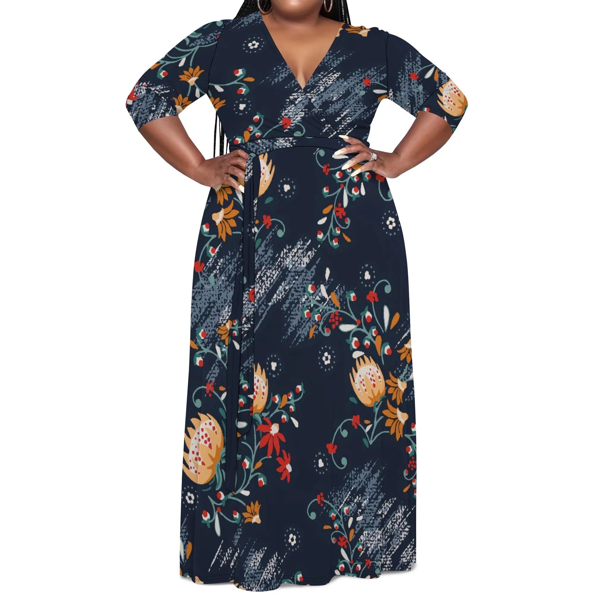 Plus Size Women's V-Neck Half Sleeve Abstract Floral Maxi Dress Elegant Summer Vacation Dress