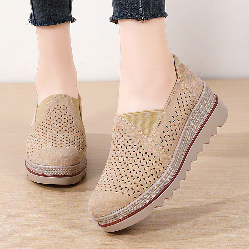 Leather Loafer Women's Single Shoes Platform Heel Shallow Mouth Soft Sole Mother Wedge Rocking Casual Shoes